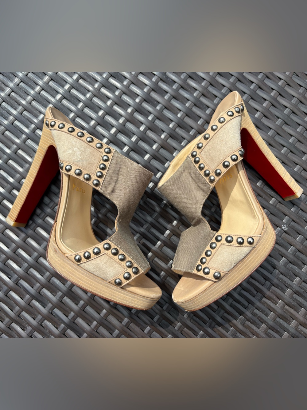 CHRISTIAN LOUBOUTIN Hassaneta Heeled Mules Canvas and Studded Sandals Size 37